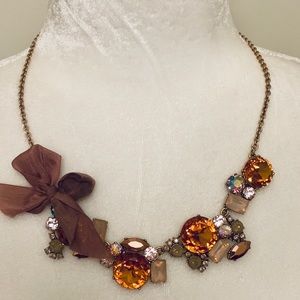 J. Crew Brown Ribbon and Amber Crystal Statement Necklace